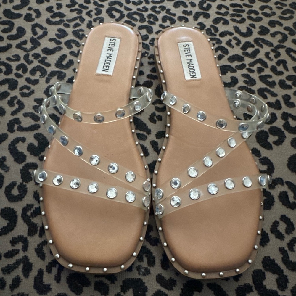 Steve Madden Clear Studded Slide Sandals with Tan Footbed